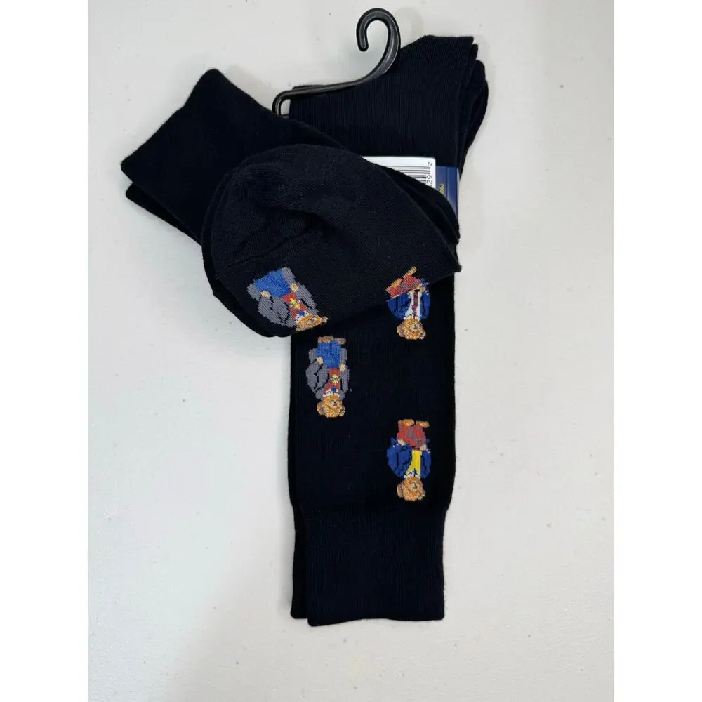 VTG Polo Ralph Lauren 2-Pack Black Cotton Blend Dress Socks RL Bear Logo 10-13